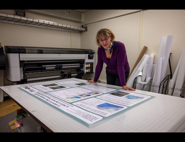 Tsunami modeler Elena Suleimani of the Alaska Earthquake Center looks over her research poster in advance of her presentation at the Seismological Society of America annual meeting in Anchorage. Photo by Eric Marshall