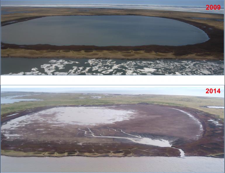 A lake on the shore of the Beaufort Sea that drained on July 5, 2014. Images courtesy of Ben Jones.