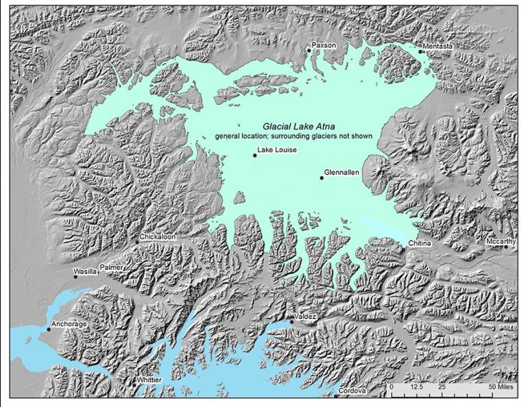 The possible boundaries of ancient Lake Atna, a giant water body that existed thousands of years ago. Courtesy of Michael Wiedmer.