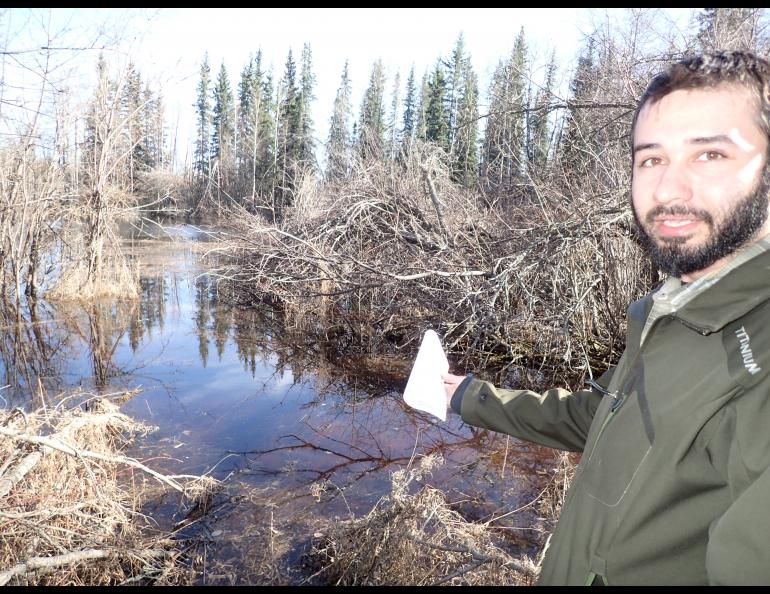 Mark Spangler, a UAF graduate student, at a pond where wood frogs are singing on the UAF campus. Photo by Ned Rozell.