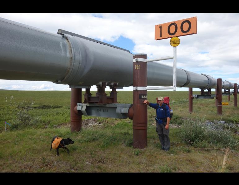 Ned Rozell at Trans-Alaska Pipeline mile 100, meaning that many miles remain to Pump Station One near Prudhoe Bay. Photo by Eric Troyer. 