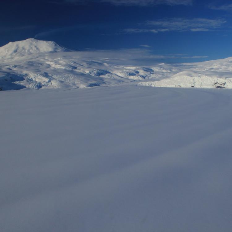 View of Erebus from the South with a clearly visible plume from the convecting lava lake. Photo by Ronni Grapenthin.