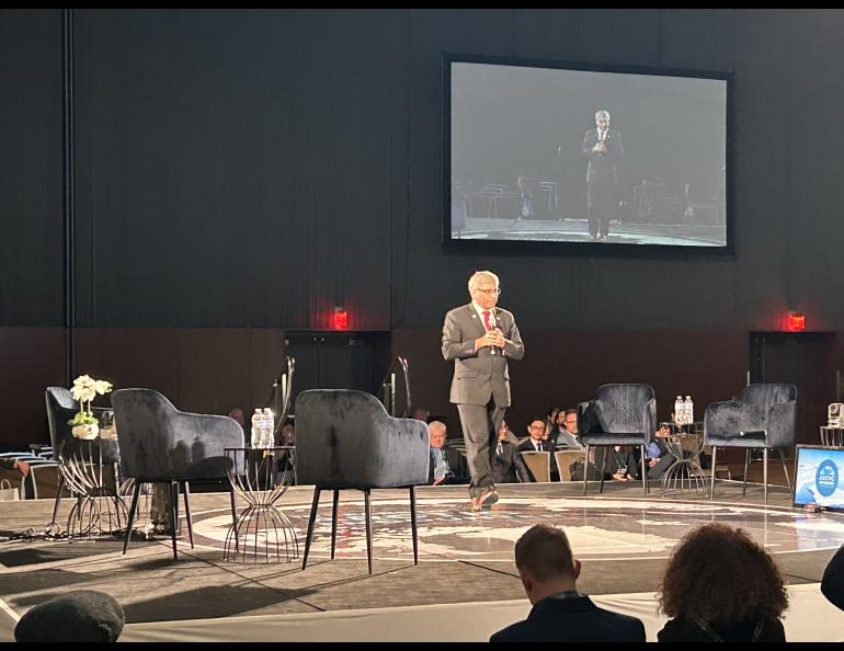 National Science Foundation Director Sethuraman Panchanathan speaks at the Arctic Encounter Symposium in Anchorage on April 12, 2024. Photo by Rod Boyce.