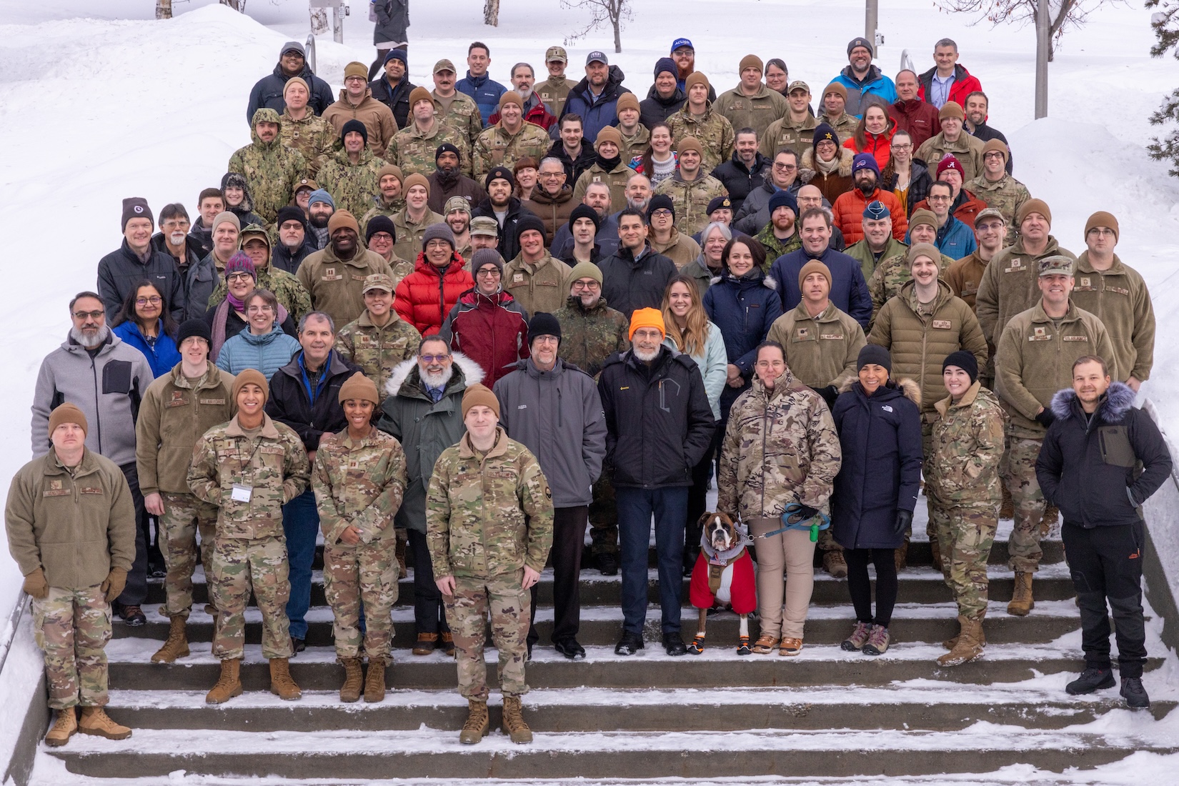 Large group of people on snowy steps