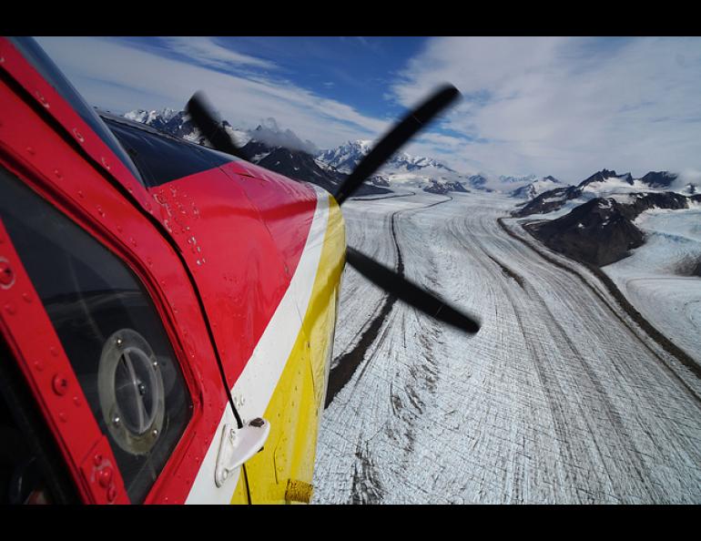 Operation IceBridge Alaska's De Havilland Otter climbs up Miles Glacier during a survey flight in August 2018. Image from UAF/Chris Larsen