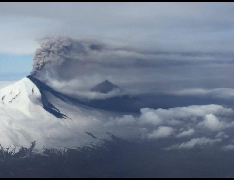 Pavlof volcano erupts in March 2016. The photograph was taken from Coast Guard 1713, a HC-130H Hercules aircraft based at Air Station Kodiak. Photo by Petty Officer Austin Torres.