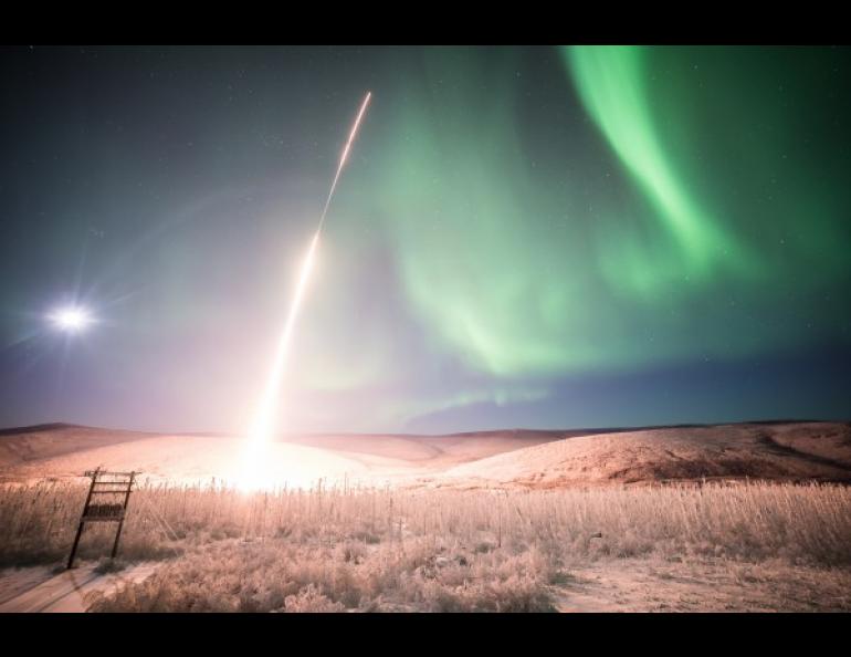 Last rocket of the season launches into the aurora from Poker Flat Research Range. Photo by Jason Ahrns.