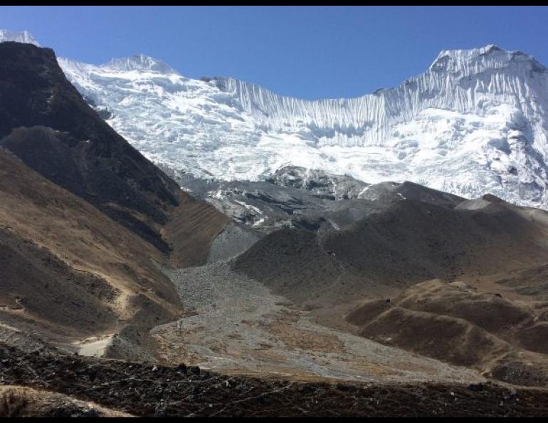 Chukhung Glacier perches on a mountainside in Nepal in June 2016. Photo by David Rounce.