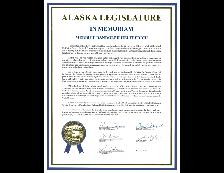 The memorial citation sponsored by the Alaska State Legislature honoring former UAF and GI employee Merritt Randolph Helfferich.