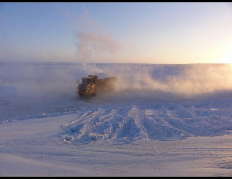 An ice road under construction. Photo courtesy of ADNR/DMLW.