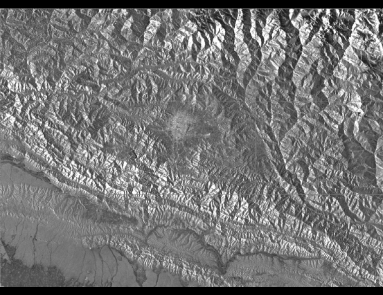 The city of Kathmandu, Nepal, is near the center of this radar image from the Sentinel-1A satellite, made available by the Alaska Satellite Facility through an agreement with the European Space Agency. Image copyright Copernicus data 2015 (ESA).