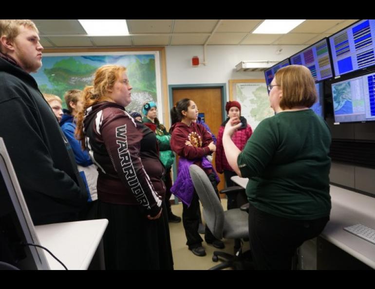 Nikolaevsk students learn about real-time earthquake data while visiting the Alaska Earthquake Center. Photo courtesy of EarthScope National Office.