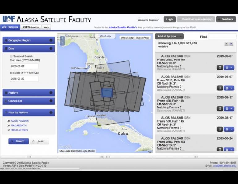 The Alaska Satellite Facility’s Vertex data portal enables users to browse and download imagery, as in this example of a geographical search for Everglades data.