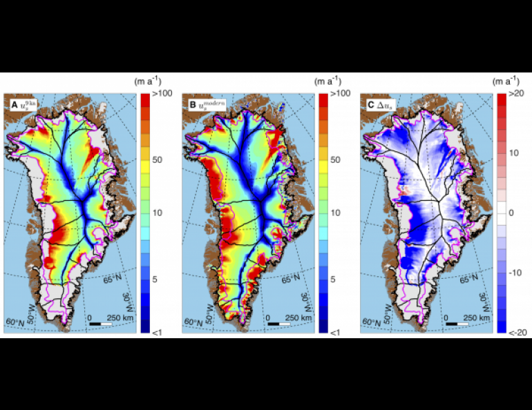 Greenland’s average ice speed over the last 9,000 years (left), its current speed (center) and the difference between them (right). Blues (negative values) signify lower speeds today as compared to the 9,000-year average. Figure courtesy of Joe MacGregor.