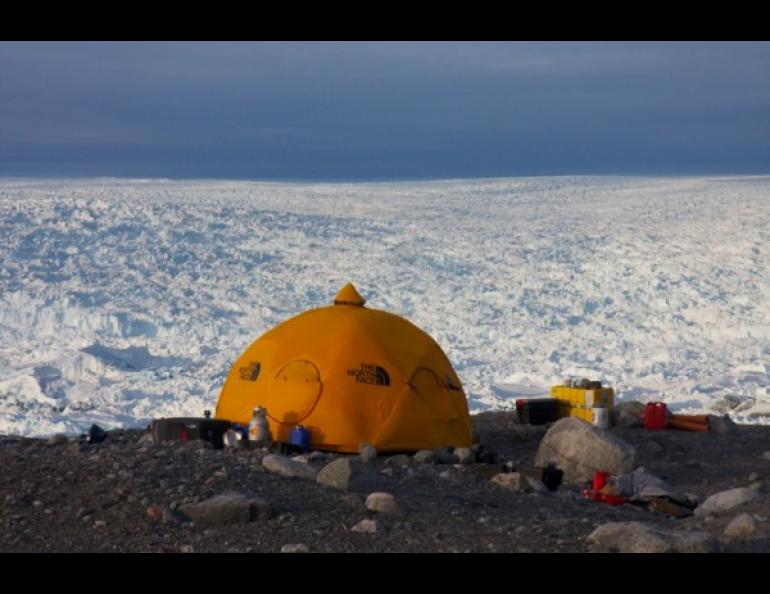 A tent sits in camp on the edge of the Jakobshavn Isbræ in Greenland. Photo by Martin Truffer.