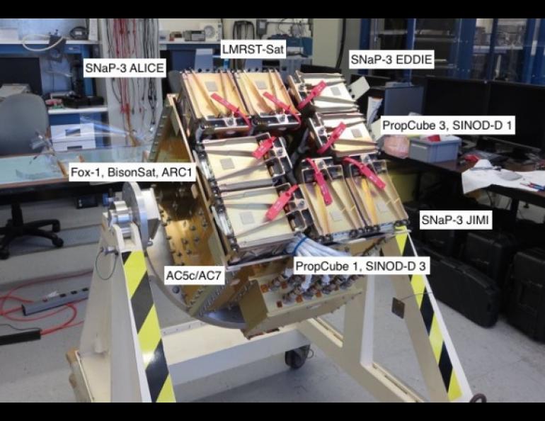 The entire package of CubeSats in their P-POD at the California Polytechnic Institute in March 2015, assembled in the payload.