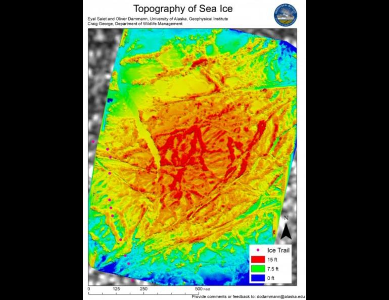 This topographic map of the ice north of Barrow in April was shared with whaling crew captains. UAF map by Eyal Saiet.