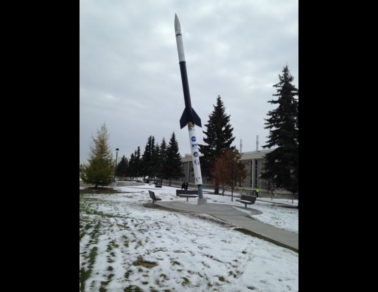 A Black Brant rocket is now permanently installed in the green area in front of the Elvey Building at the University of Alaska Fairbanks. Photo by Sue Mitchell.