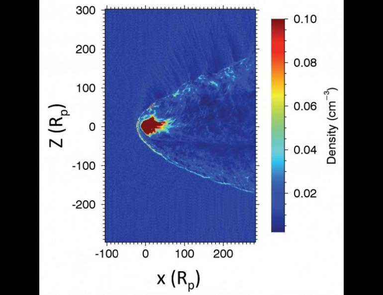 Computer simulation of the solar wind interaction with Pluto’s escaping atmosphere. UAF image by Peter Delamere.