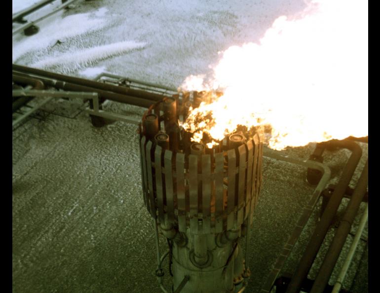 An Aeryon Scout was flown above flaming flare heads near Prudhoe Bay, Alaska as part of a mission for BP in 2011. The Scout collected video and high-resolution images of flares and their support pipes, so BP could determine maintenance priorities for the company’s equipment. Photo by Greg Walker.