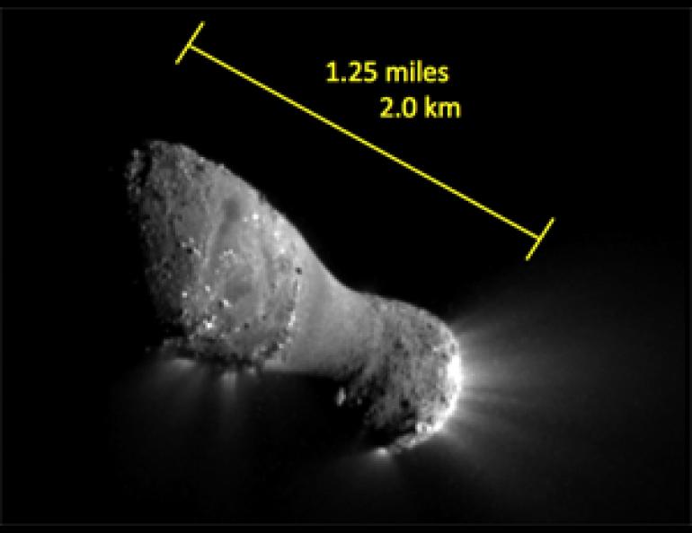 The image, one of the closest taken of comet Hartley 2 by NASA's EPOXI mission, shows many features across the comet's surface. The smooth surface in the middle is lower than the rest of the comet and may accumulate fine-grain dust. Photo courtesy of NASA/JPL-Caltech/UMD.