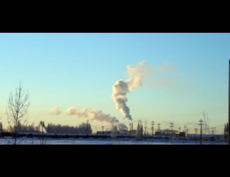 This photo illustrates emissions settling into the Tanana Valley during an inversion. Photo by Gerhard Kramm.