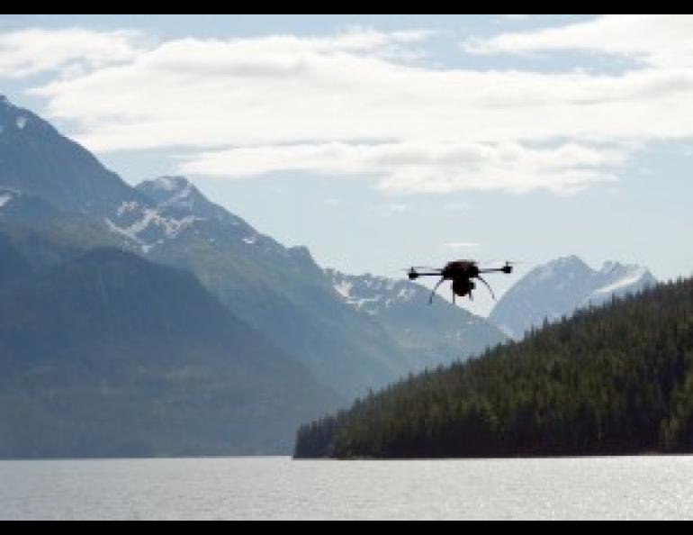 The unmanned aerial vehicle Scout flies over Prince William Sound during testing this month. Photo by Greg Walker.