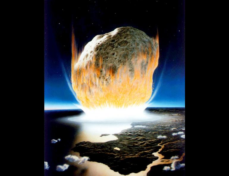 Asteroid impact: An artist’s interpretation of the asteroid impact that led to the extinction of the dinosaurs. The asteroid in the artwork appears much larger than the six-mile rock that scientists hypothesize actually struck the Earth 66 million years ago. Image by NASA/Don Davis. 