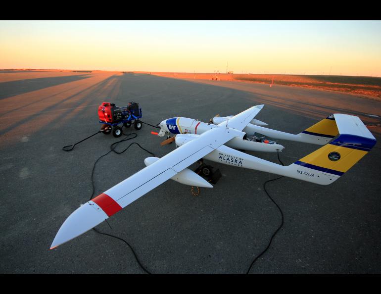 An unmanned aerial vehicle at Oliktok Point, Alaska used to map Arctic sea ice in 2018. Oliktok Point is the proposed site for a permanent High Arctic research center, discussed at a NSF-funded workshop on the UAF campus in October. Photo by ACUASI.  