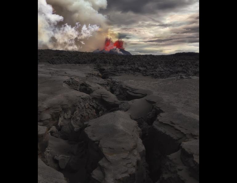 An eruption launches magma in area with surface fracturing in Iceland’s Bárdarbunga volcanic system on Sept. 14, 2014. A paper published in May may help anticipate similar volcanic eruptions. Photo by Jeffrey Alan Karson, Syracuse University.