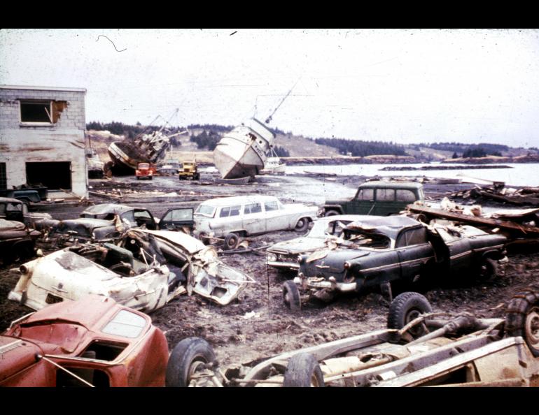 Damage along the Kodiak waterfront from a tsunami associated with the magnitude 9.2 earthquake of March 27, 1964, in Prince William Sound, Alaska. Courtesy of the U.S. Geological Survey.