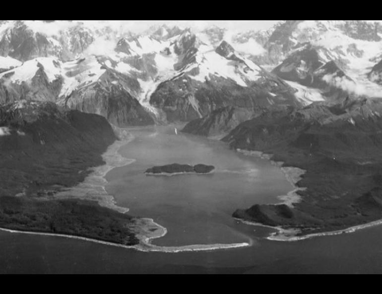 An earthquake-triggered tsunami stripped vegetation from the hills and mountains above Lituya Bay in 1958. The treeless areas are visible as lighter ground surrounding the bay in this photograph taken shortly after the event. Photo by Donald Miller, U.S. Geological Survey.