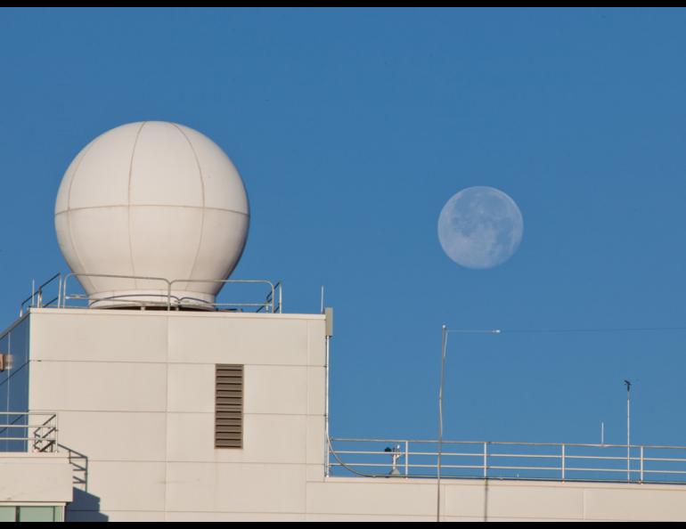 The “Big Dog” antenna is housed in a dome atop the Akasofu Building on the University of Alaska Fairbanks campus. The antenna is one of two that are used to receive VIIRS data from two polar-orbiting satellites. Photo: Todd Paris, University of Alaska Fairbanks