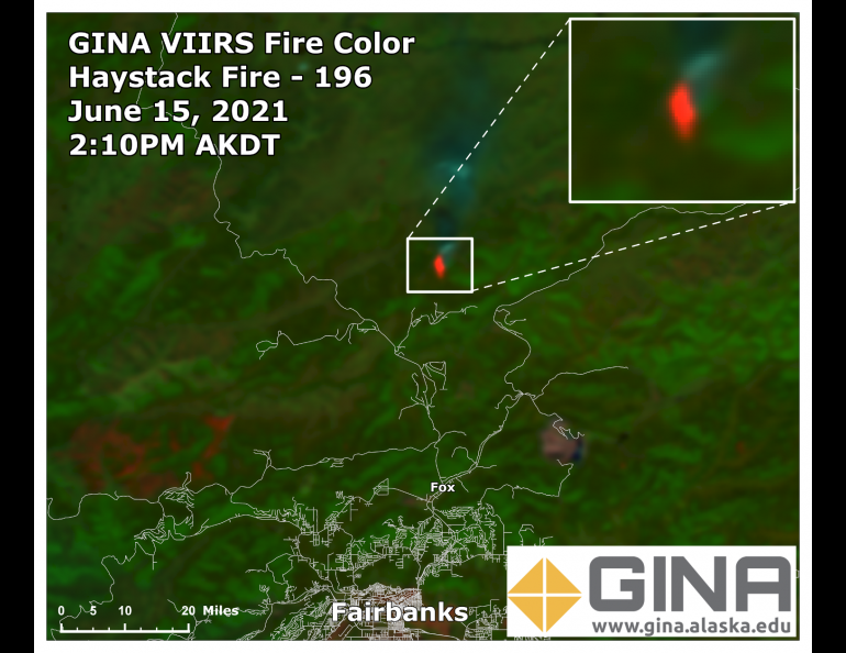 The VIIRS fire color image shows the Haystack fire location in bright red-orange in the upper center of the image. Faint blue gray colors show evidence of smoke that can be seen spreading northward from the fire.  The dark reddish brown colors in the lower left show areas where the land is warmer.