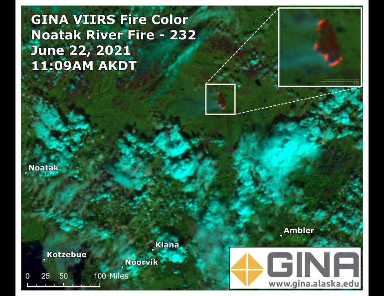 The VIIRS fire color image shows the Noatak River fire location in bright red-orange in the upper center of the image. Faint blue gray colors show evidence of smoke that can be seen spreading westward from the fire. The dark reddish brown patches show areas where the land is warmer because of little