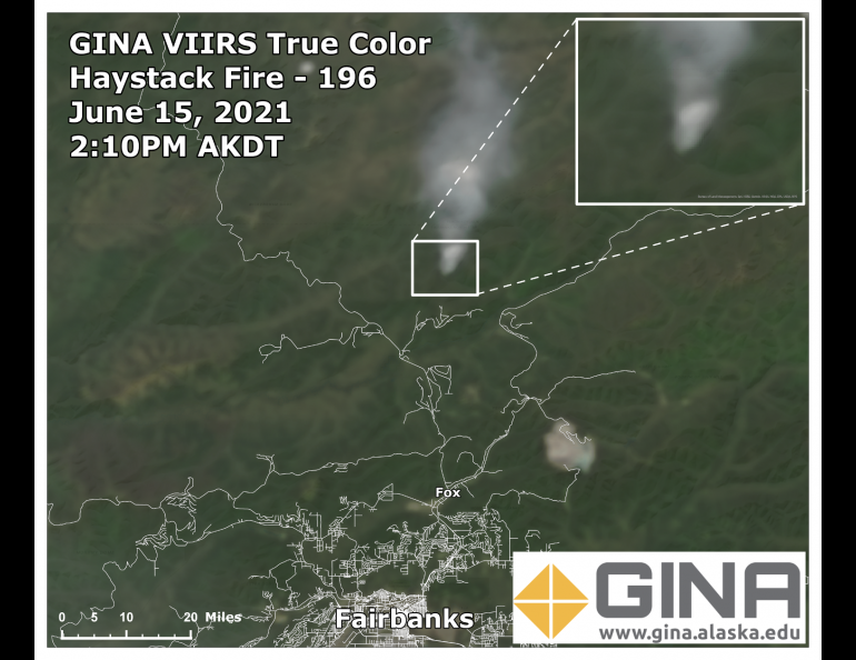 The true color image provides a view of the Earth similar to what the human eye would see from space. It provides an excellent view of the smoke spreading north from the Haystack fire.  There is a small patch of cloud in the lower part of the image northeast of Fairbanks.  In a Truecolor image smoke