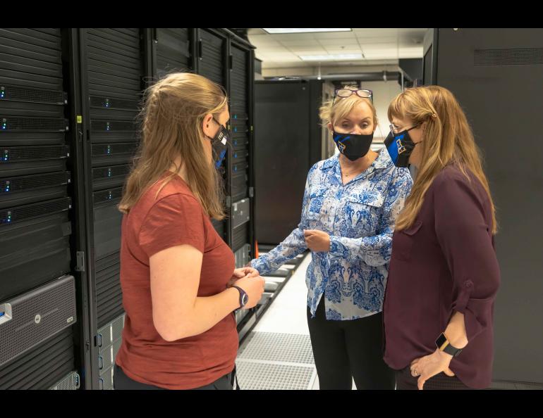 Left to right, Athena project manager Helena Buurman of the Alaska Satellite Facility; Karen Diener, National Geospatial-Intelligence Agency system engineering and technical assistant; and Nettie La Belle-Hamer, director of the Alaska Satellite Facility and UAF’s interim vice chancellor for research