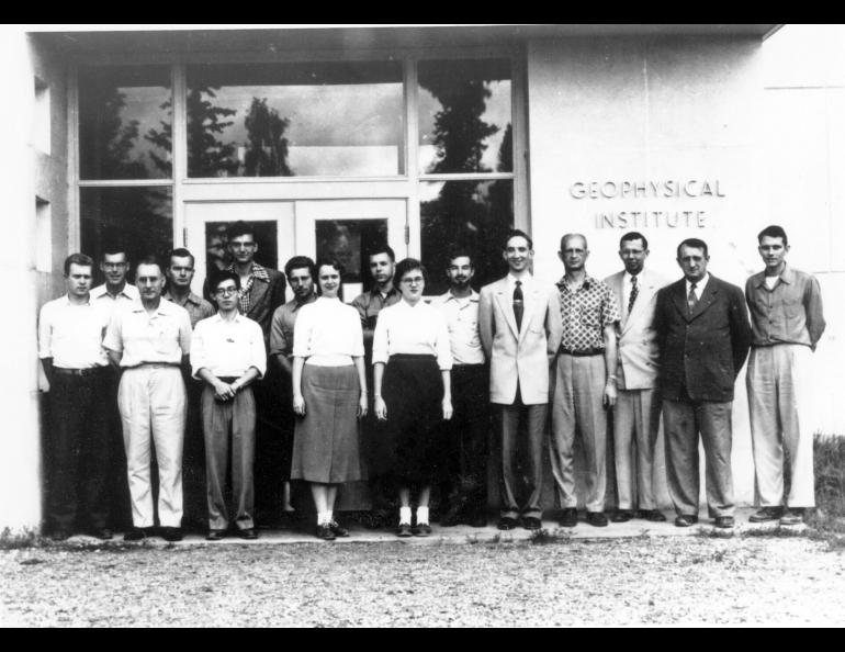 A 1958 departmental photo in front of what is now the Chapman Building, the original home of the Geophysical Institute on the UAF campus. Geophysical Institute photo.