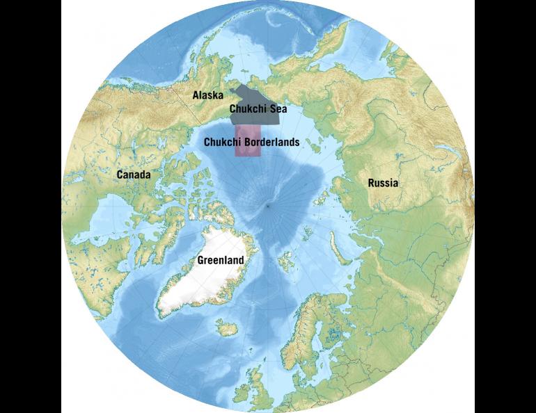 This map highlights the Chukchi Borderland in purple. The research vessel Sikuliaq is headed to the borderland with researchers who are studying the formation of the Amerasia Basin of the Arctic Ocean. Image credit: National Oceanic and Atmospheric Administration