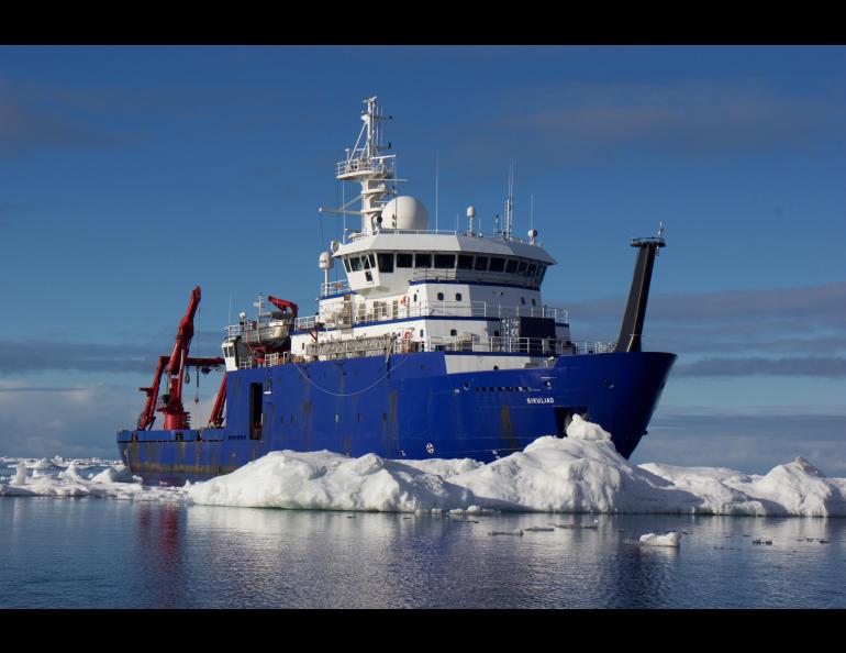 The research vessel Sikuliaq cruises through icebergs. The ship is owned by the National Science Foundation and operated by the University of Alaska Fairbanks. Photo by Mark Teckenbrock