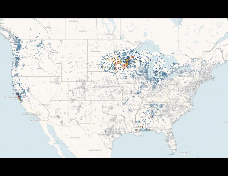 This map shows Oct. 21, 2021, precipitation reports from volunteer observers across the Lower 48. Colors represent rainfall amounts, ranging from zero in empty circles to heaviest in red circles.    Image courtesy of www.cocorahs.org