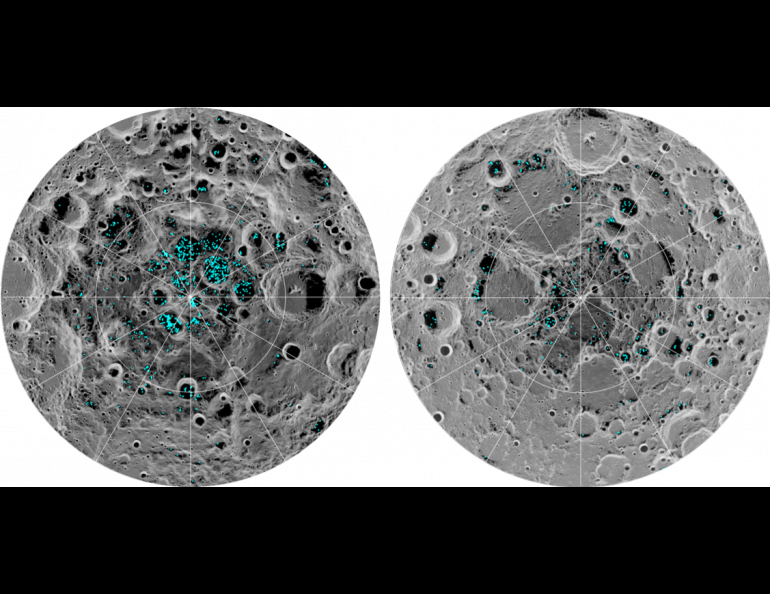 The image shows the distribution of surface ice at the moon’s south pole (left) and north pole (right), detected by NASA’s Moon Mineralogy Mapper instrument in 2009. Blue represents the ice locations, and the gray scale corresponds to surface temperature. Photo courtesy of NASA