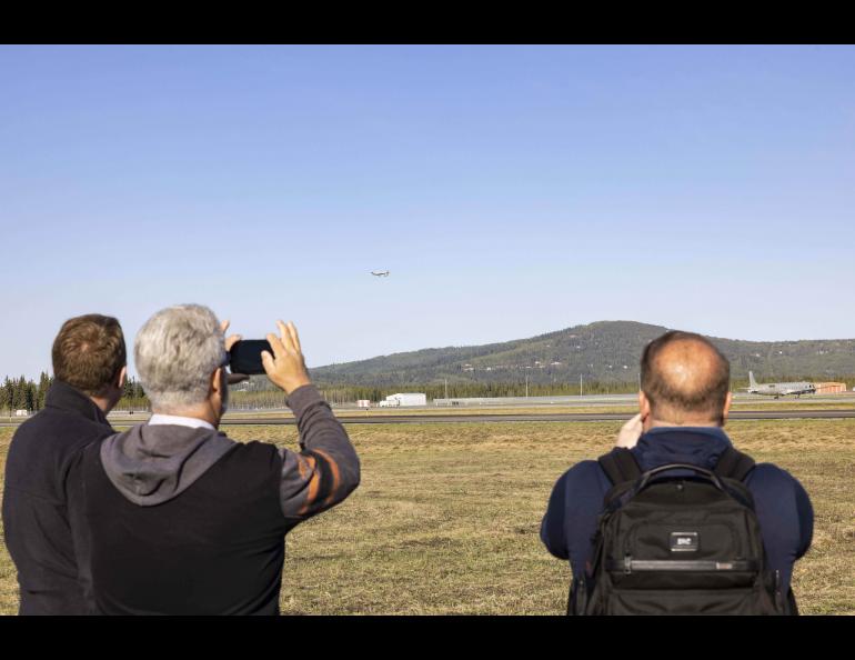 Spectators watch the Sentry unmanned aircraft fly at Fairbanks International Airport on Sunday, May 22, 2022. It was the first civil large drone operation from an international airport in Alaska. Photo by JR Ancheta/UAF Geophysical Institute