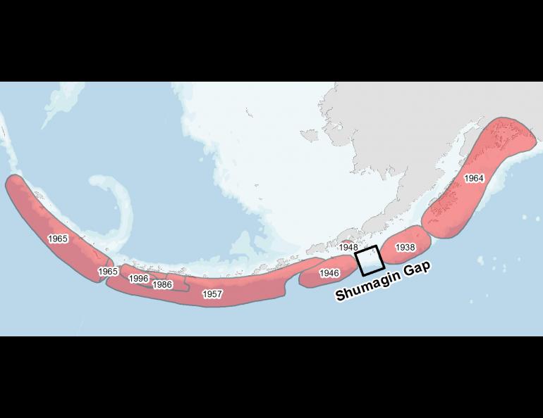 Map shows location of the Shumagin Gap, location of the 2020 Simeonof and 2021 Chignik earthquakes. Map courtesy Alaska Earthquake Center.