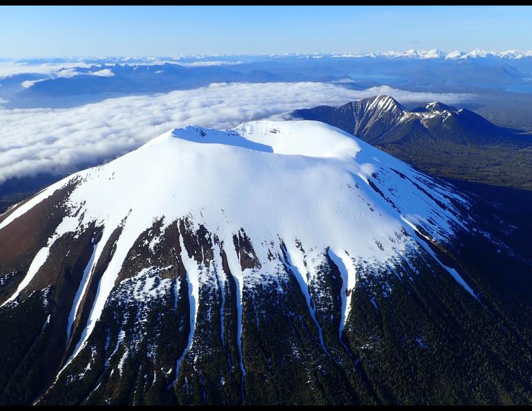 Mount Edgecumbe rises in the foreground with Crater Ridge behind and to the north on May 19, 2022. Photo by Max Kaufman/Alaska Volcano Observatory