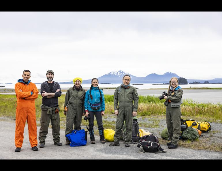 Left to right, David Benavente of Spain, principal investigator Társilo Girona of the Geophysical Institute, UAF graduate student researcher Claire Puleio, Geophysical Institute research assistant professor Taryn Lopez, Carlo Cardellini of Italy and UAF graduate student researcher Valerie Wasser.