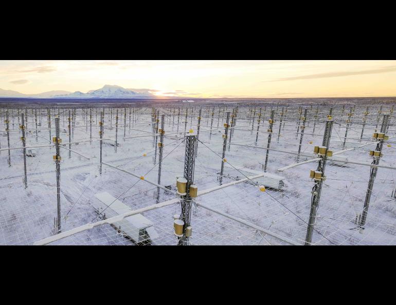 The High-frequency Active Auroral Research Program facility in early June 2022 near Gakona, Alaska. The 33-acre ionospheric research instrument helps researchers study the ionosphere. UAF/GI photo by JR Ancheta