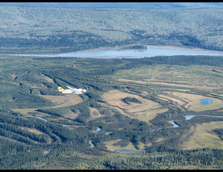 The SeaHunter drone of the Alaska Center for Unmanned Aircraft Systems Integration flies from Fairbanks International Airport to Nenana on Sept. 7, 2023. A day later it flew from Nenana to Fairbanks International Airport, a first. Photo by Peter Houlihan.