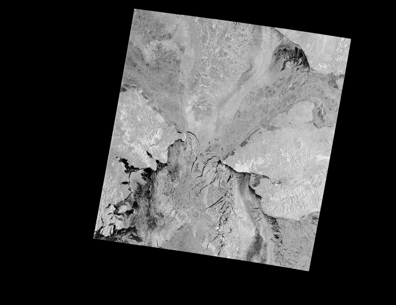 A Radarsat-1 image shows sea ice covering the Chukchi and Bering seas during the winter of 2007-08. Canadian Space Agency photo.