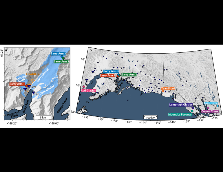 Maps show the locations of nine landslides from which data was used to produce a landslide detection algorithm. Images courtesy of authors.